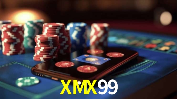 Escena dinámica inspirada en casino con iluminación XMX99, cartas, fichas e íconos de juegos digitales en un espacio moderno de juegos.