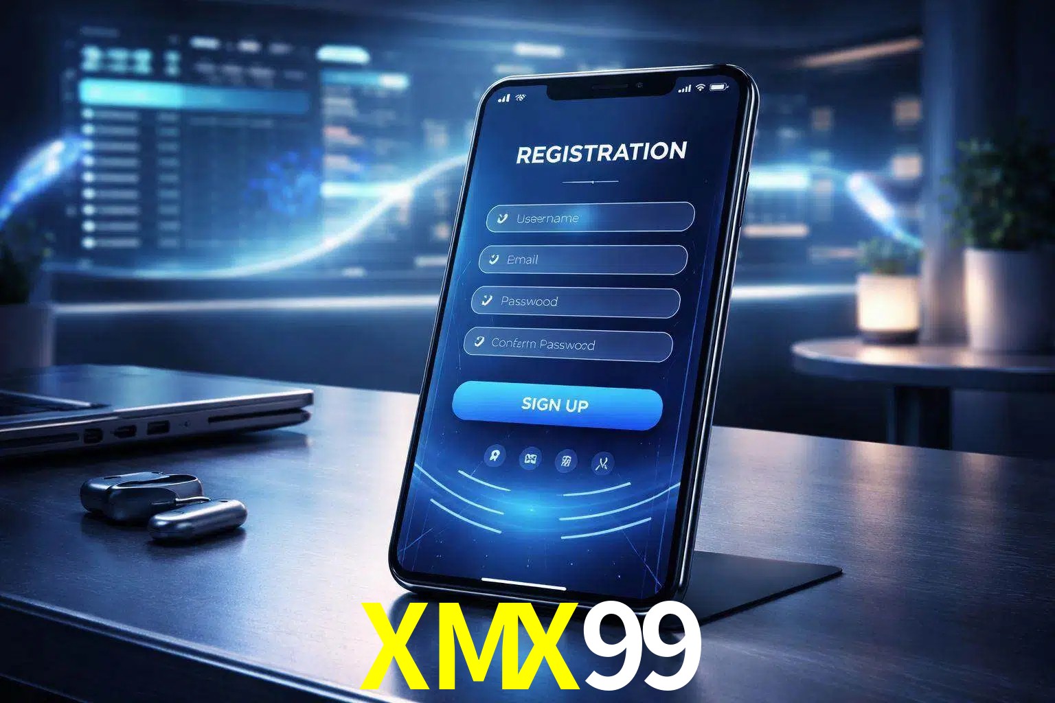 Una interfaz moderna de registro móvil para XMX99 mostrada en un smartphone con un panel de apuestas elegante.